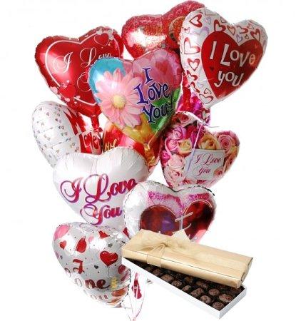 10 Heart Shaped Mylar Balloons and Box of Chocolates product899