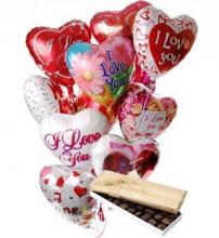 10 Heart Shaped Mylar Balloons and Box of Chocolates 10 Heart Shaped Mylar Balloons and Box of Chocolates